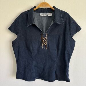 Vintage Y2K Kathy Ireland Shirt Blouse Denim Dark Wash Jean Lace Up Grunge Fairy